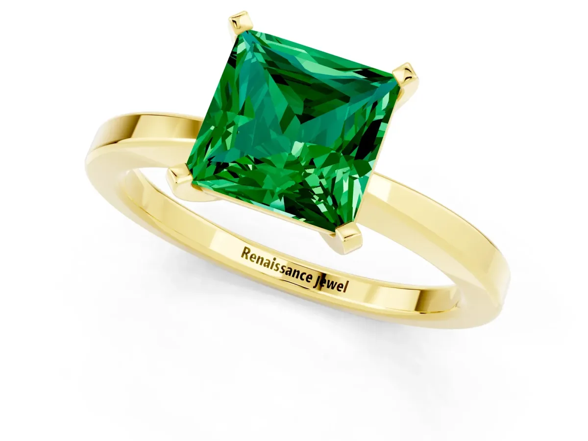 Princess Cut Emerald Solitaire Engagement Ring with Classic Band and Four-Prong Setting Yellow gold