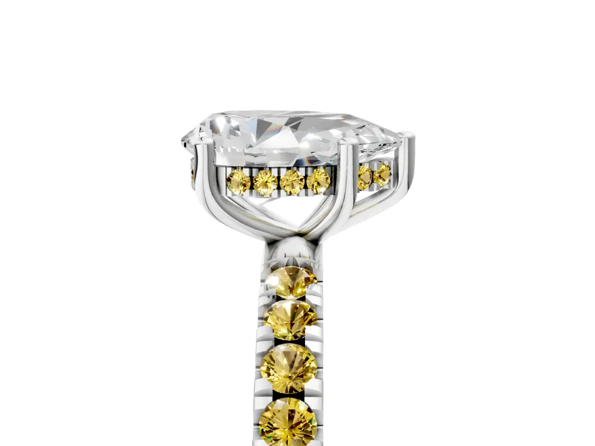 Pear Cut Diamond Pave Band Solitaire Ring with Round Yellow Sapphire and Prong Setting White gold