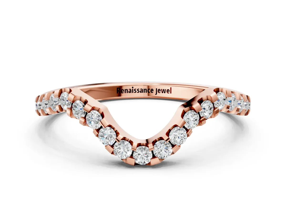 Round Diamond Pavé Chevron Wedding Band with Prong Setting Rose gold