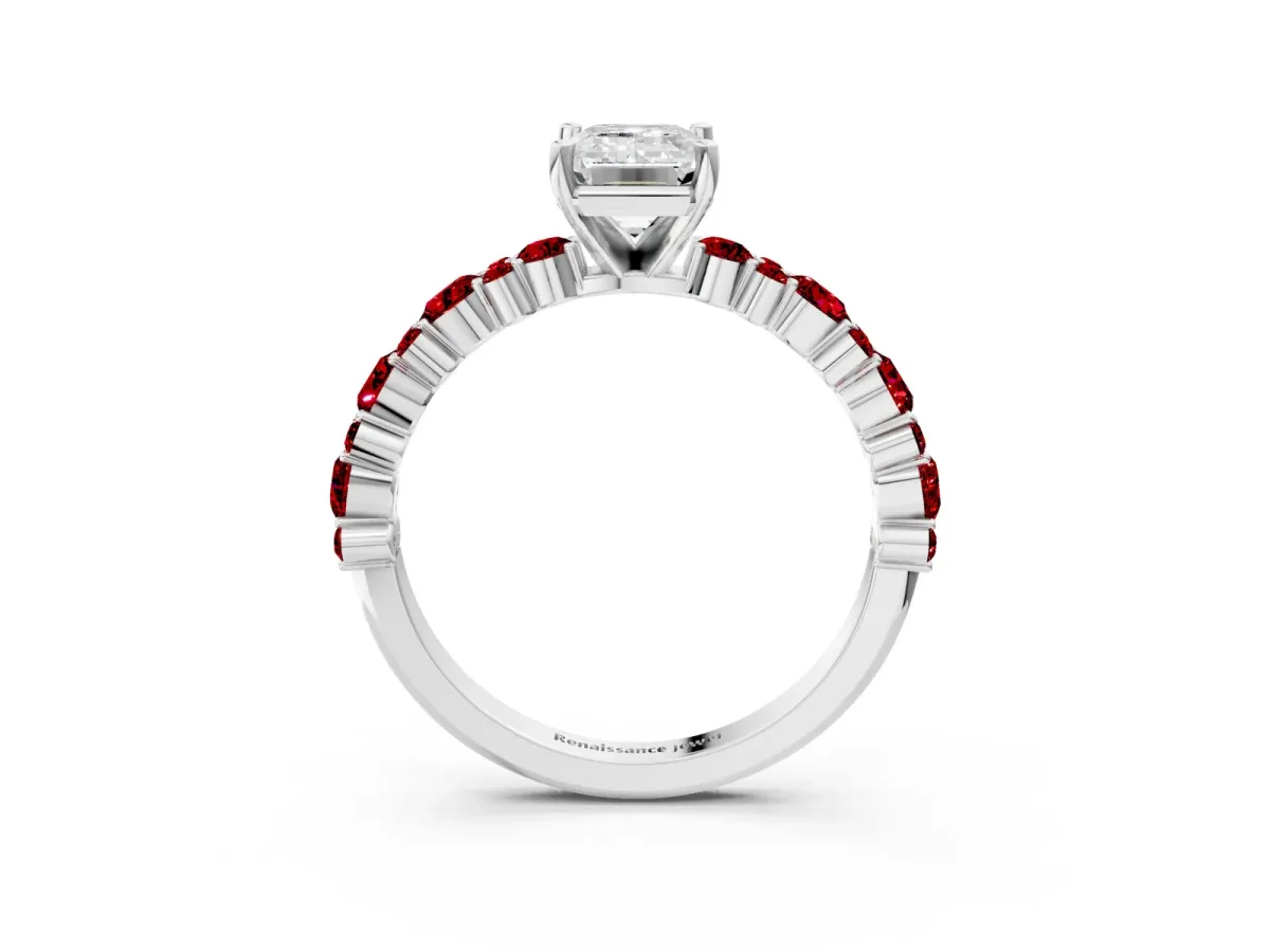 Emerald Cut Diamond Side Stone Solitaire Ring with Round Ruby and Four-Prong Setting White gold