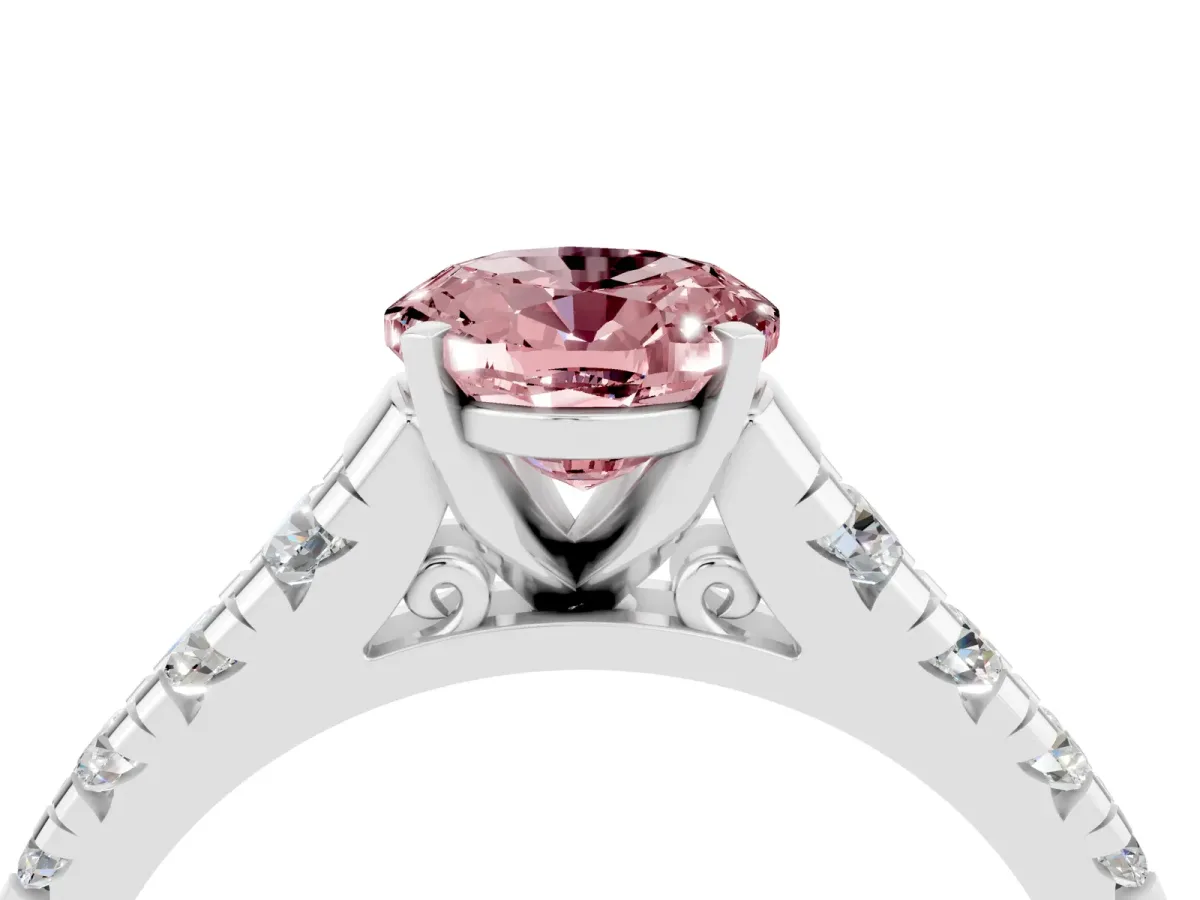 Oval Cut Morganite Cathedral Solitaire Ring with Round Pavé Band Silver