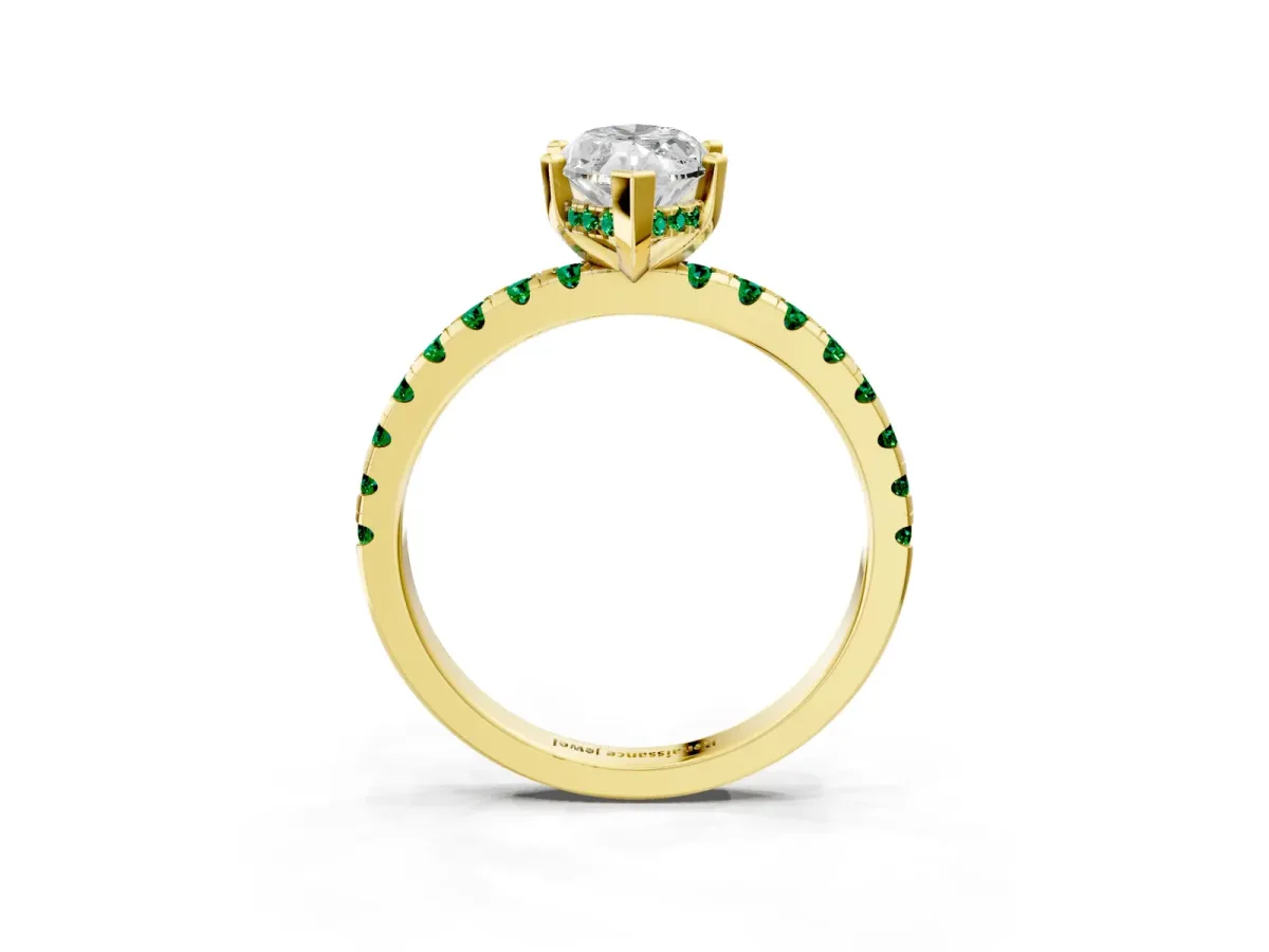 Marquise Cut Diamond Solitaire Ring with Round Emerald Pavé Band and Four-Prong Setting Yellow gold