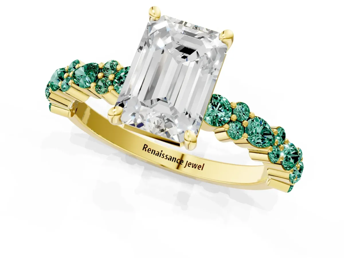 Emerald Cut Diamond Side Stone Solitaire Ring with Round Green Sapphire and Four-Prong Setting Yellow gold
