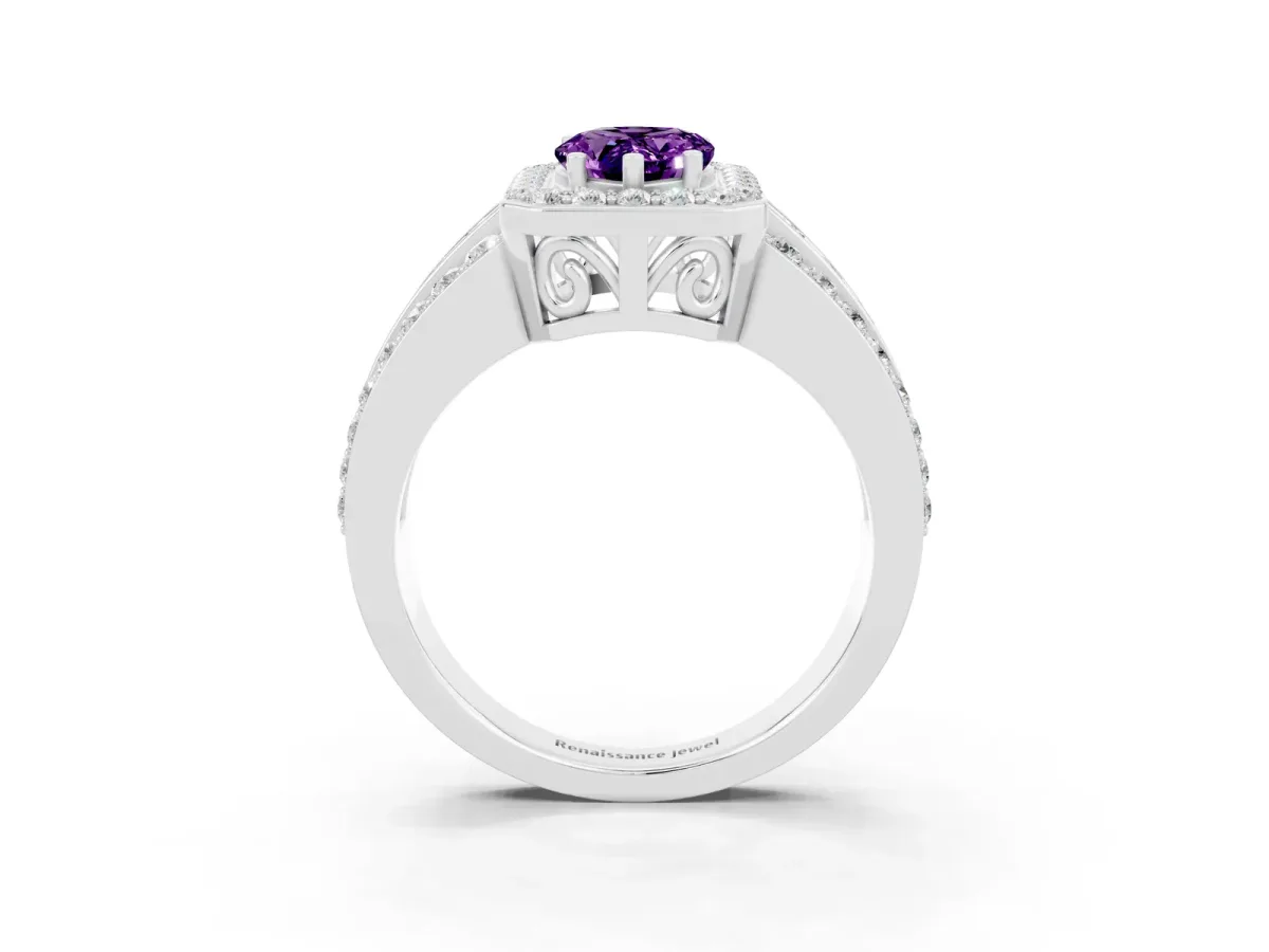 Pear Cut Halo Amethyst Ring with Round Split Shank and Prong Setting White gold