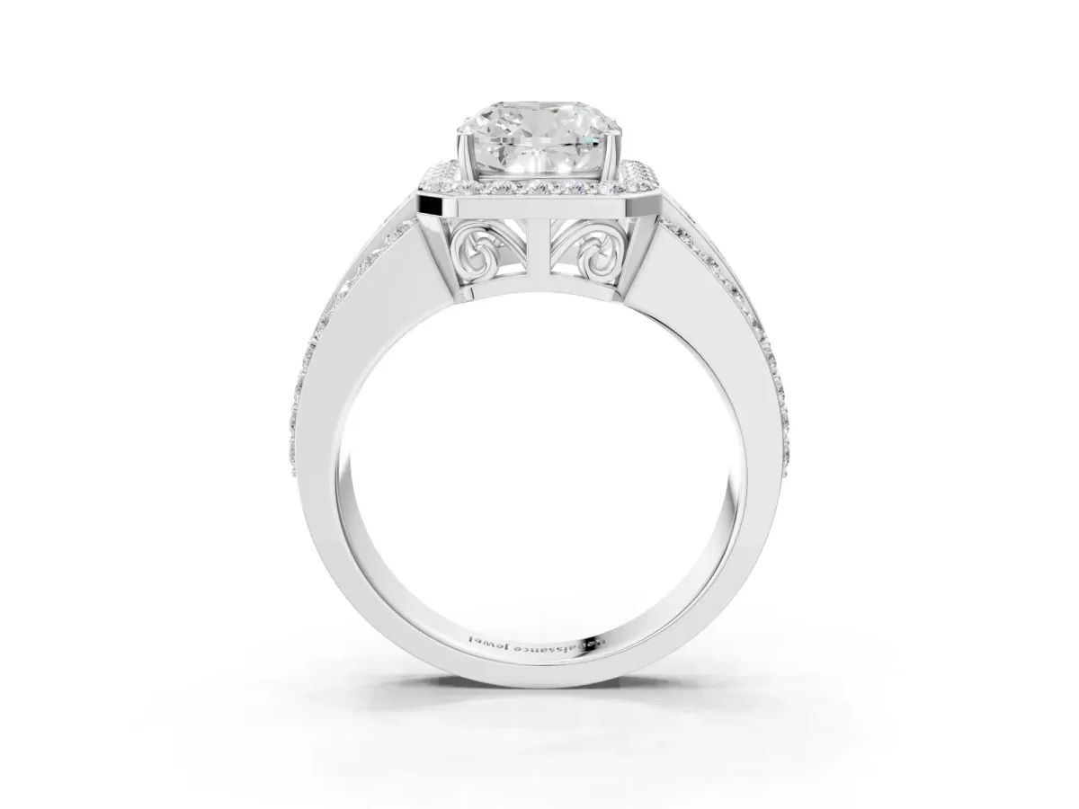 Cushion Cut Halo Diamond Ring with Round Moissanite Split Shank and Prong Setting White gold