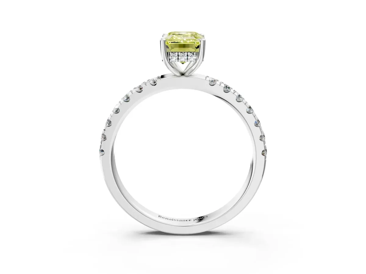 Fancy Yellow Emerald Cut Diamond Pave Band Solitaire Ring with Round and Prong Setting Silver