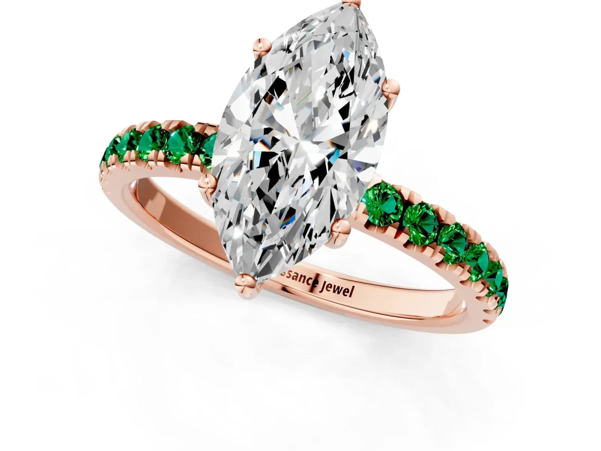 Marquise Cut Diamond Pave Band Solitaire Ring with Round Emerald and Prong Setting Rose gold