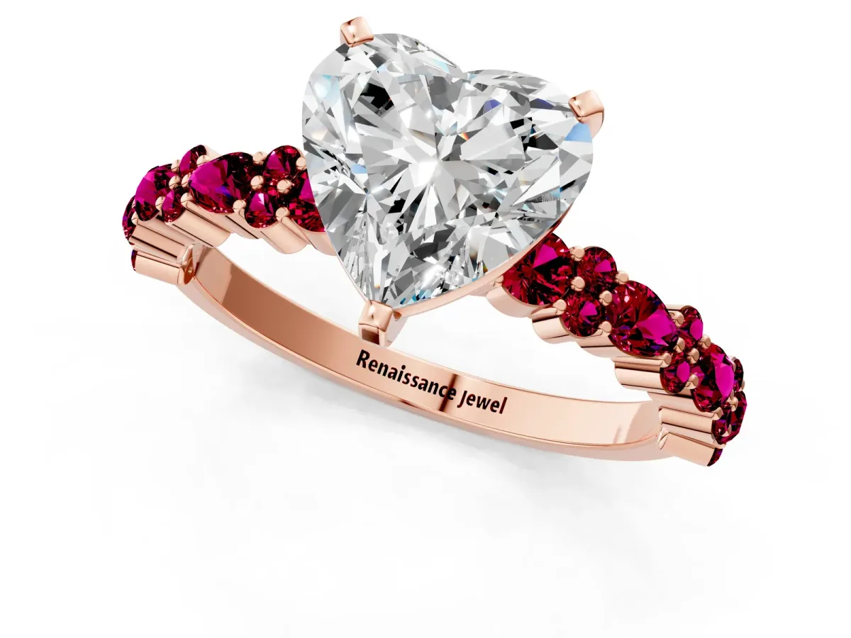 Heart Cut Diamond Side Stone Solitaire Ring with Round Garnet and Four-Prong Setting Rose gold