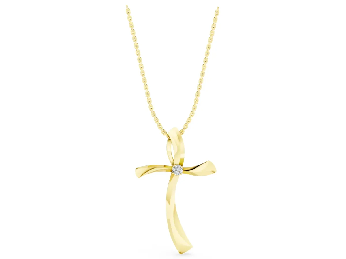 Curved Cross Pendant with Round Diamond in Bezel Setting Yellow gold