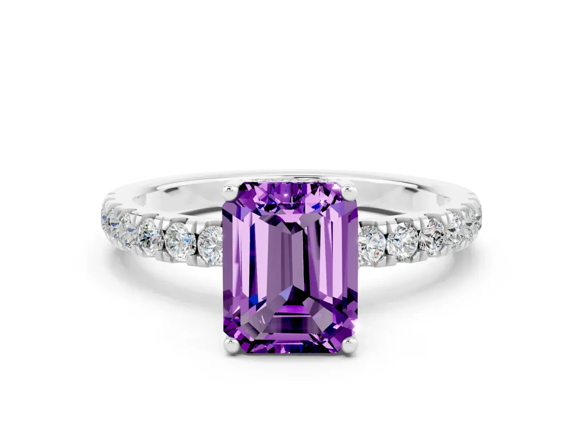 Emerald Cut Amethyst Pave Band Solitaire Ring with Round and Prong Setting Platinum