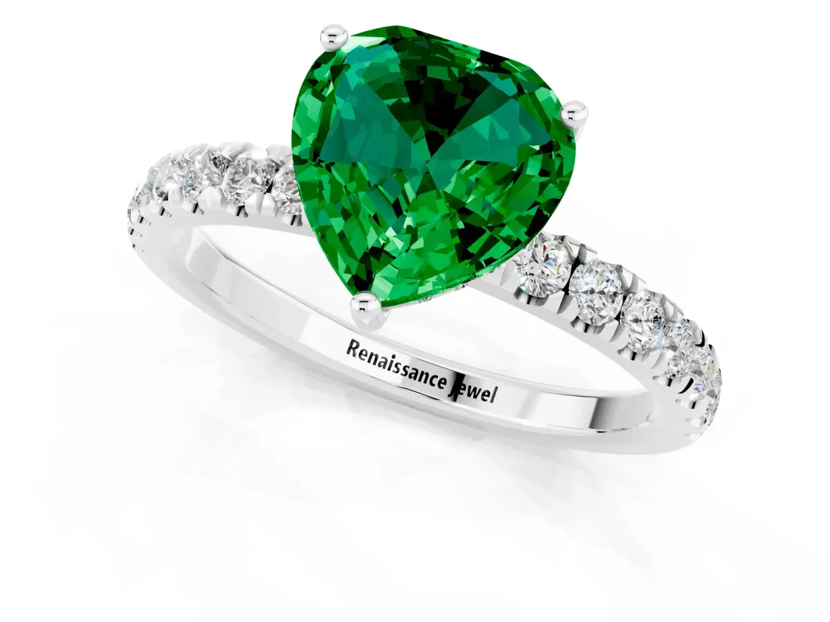 Heart Cut Emerald Pave Band Solitaire Ring with Round and Prong Setting Platinum
