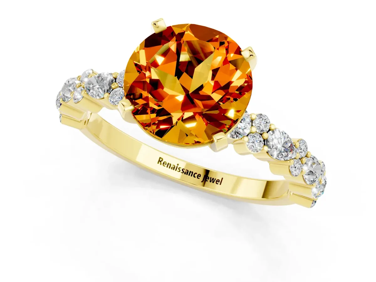 Round Cut Citrine Side Stone Solitaire Ring with Round and Four-Prong Setting Yellow gold