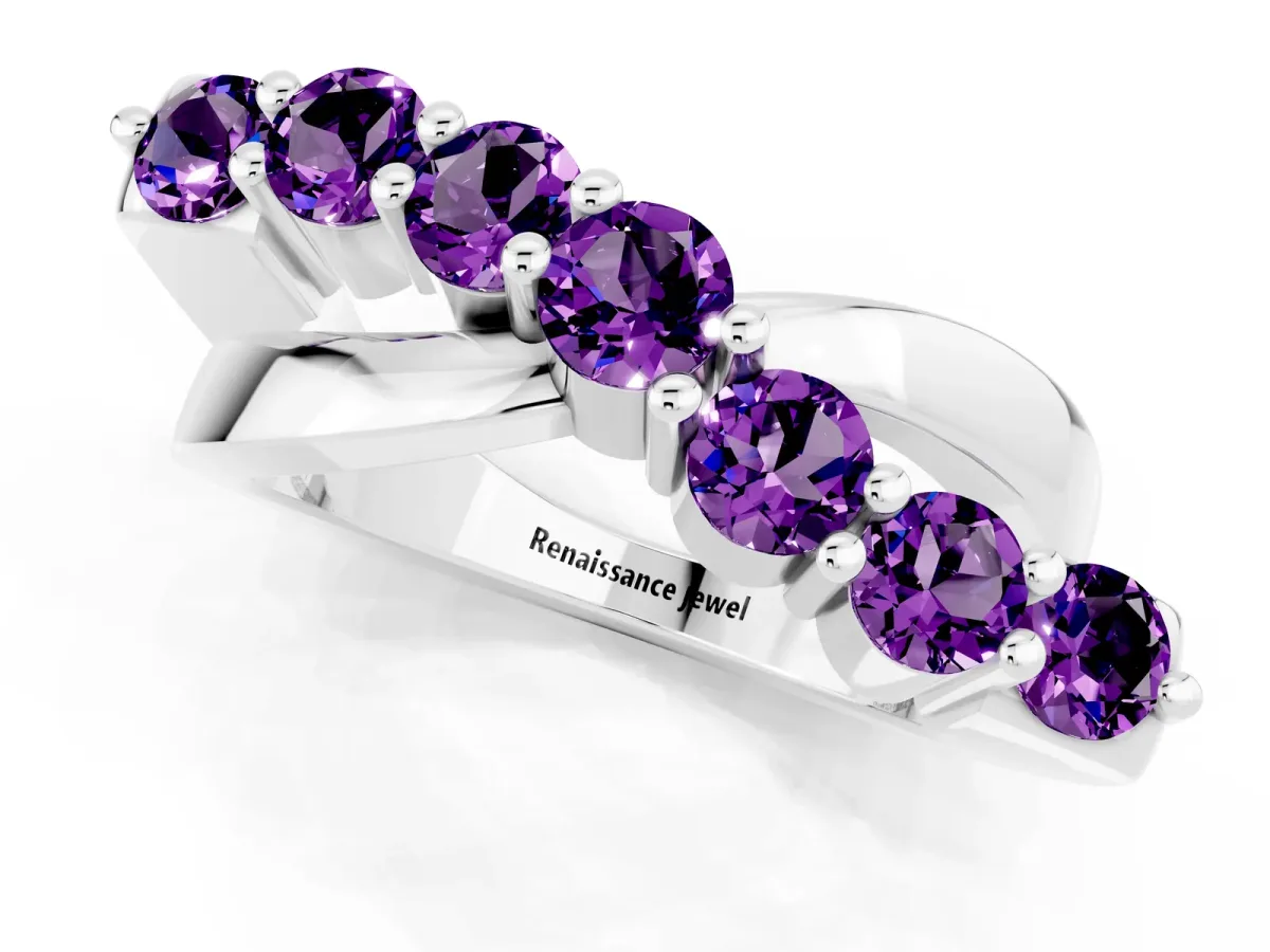 Round Amethyst Prong-Set Crossover Band Silver