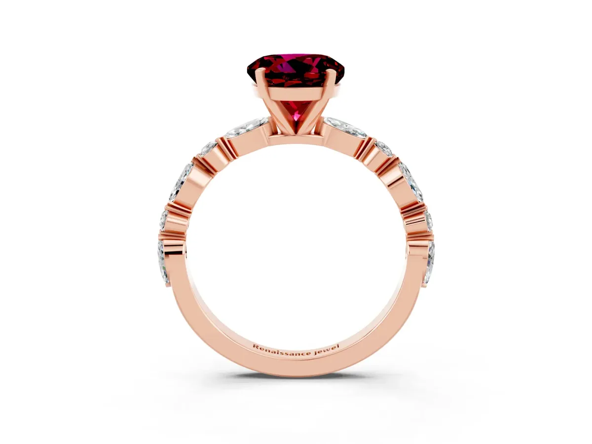 Round Cut Garnet Ring with Marquise and Round Side Stones and Four-Prong Setting Rose gold