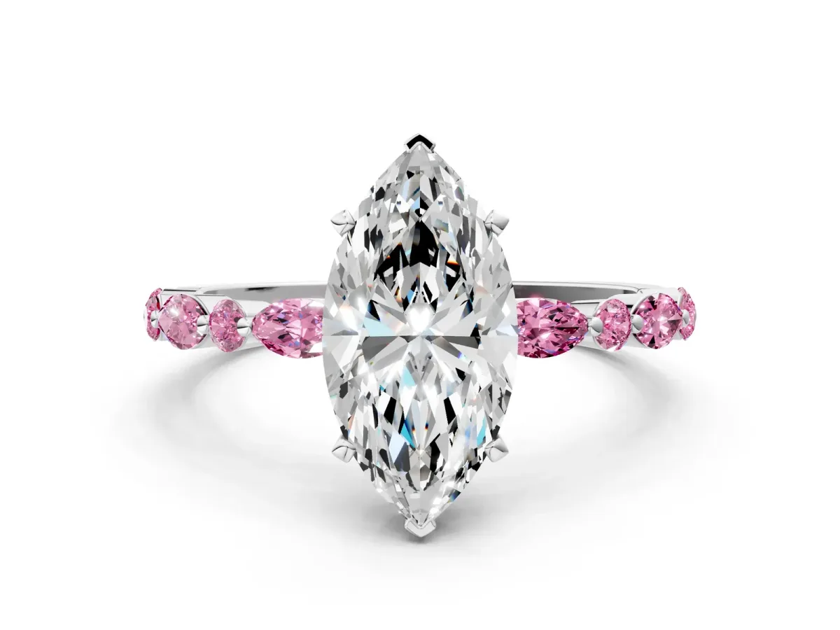 Marquise Cut Diamond Ring with Marquise and Round Pink Sapphire Side Stones and Four-Prong Setting Silver