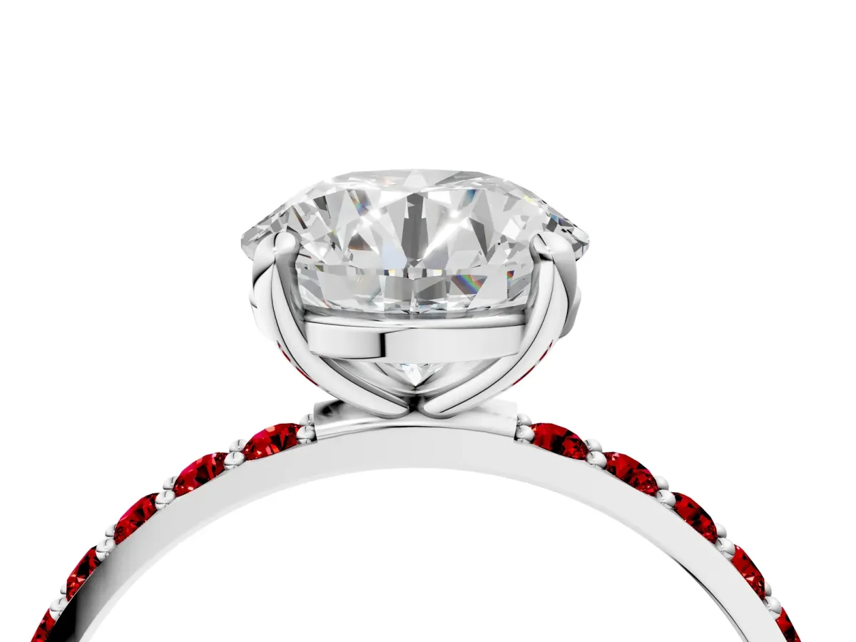 Round Cut Diamond Solitaire Ring with Round Ruby Pavé Band and Prong Setting White gold