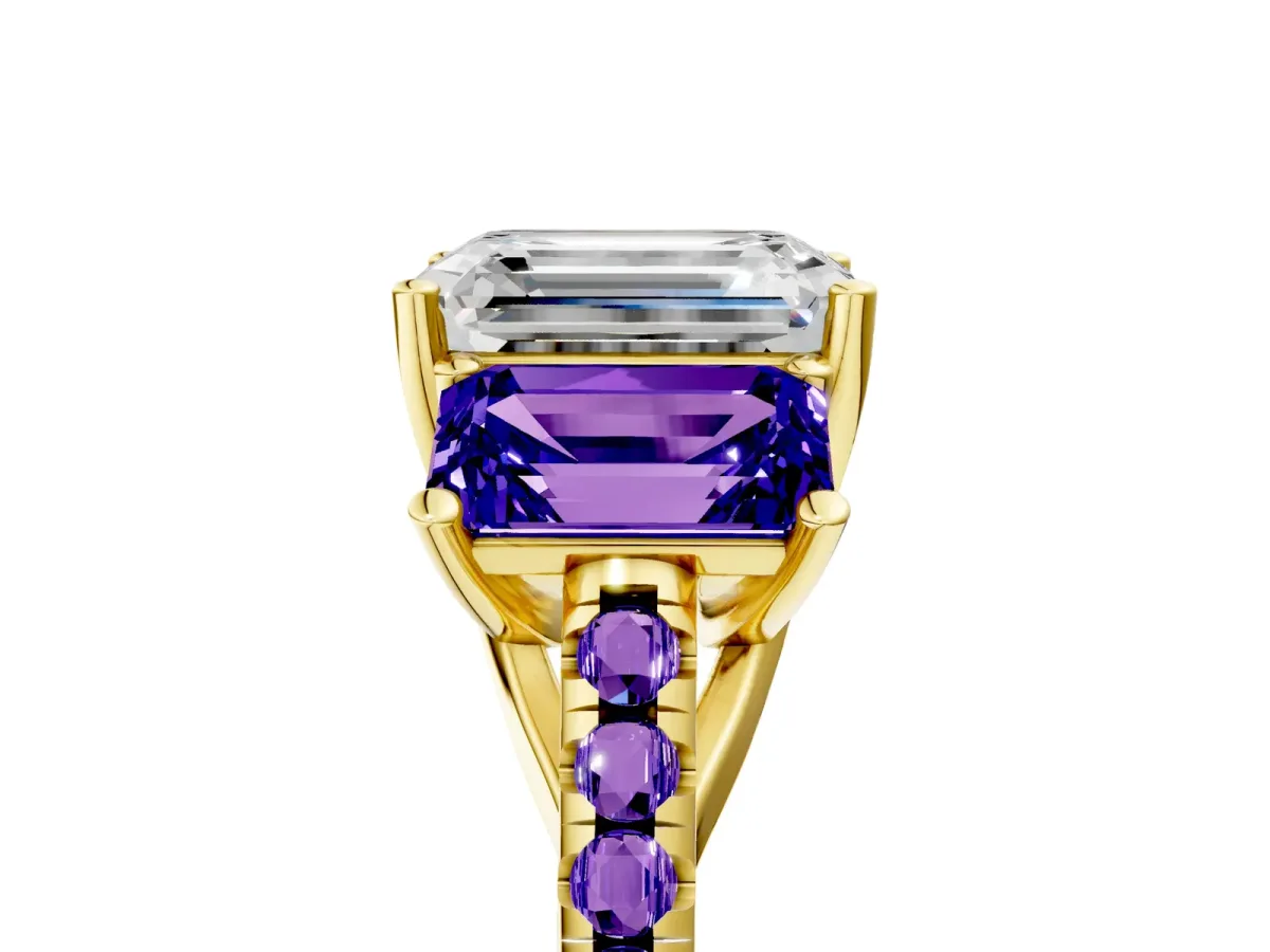 Three-Stone Emerald Cut Diamond Ring with Round Tanzanite Pavé Band and Prong Setting Yellow gold
