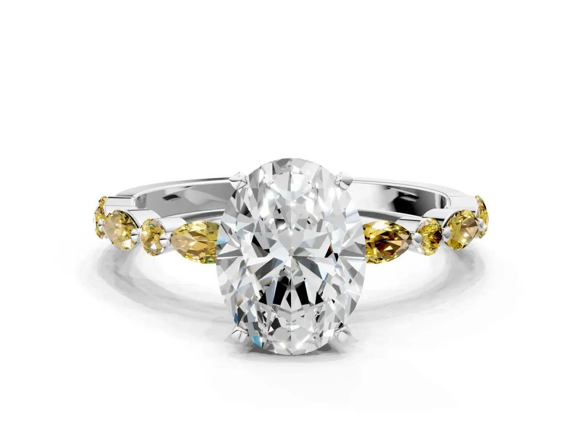 Oval Cut Diamond Ring with Marquise and Round Yellow Sapphire Side Stones and Four-Prong Setting Silver