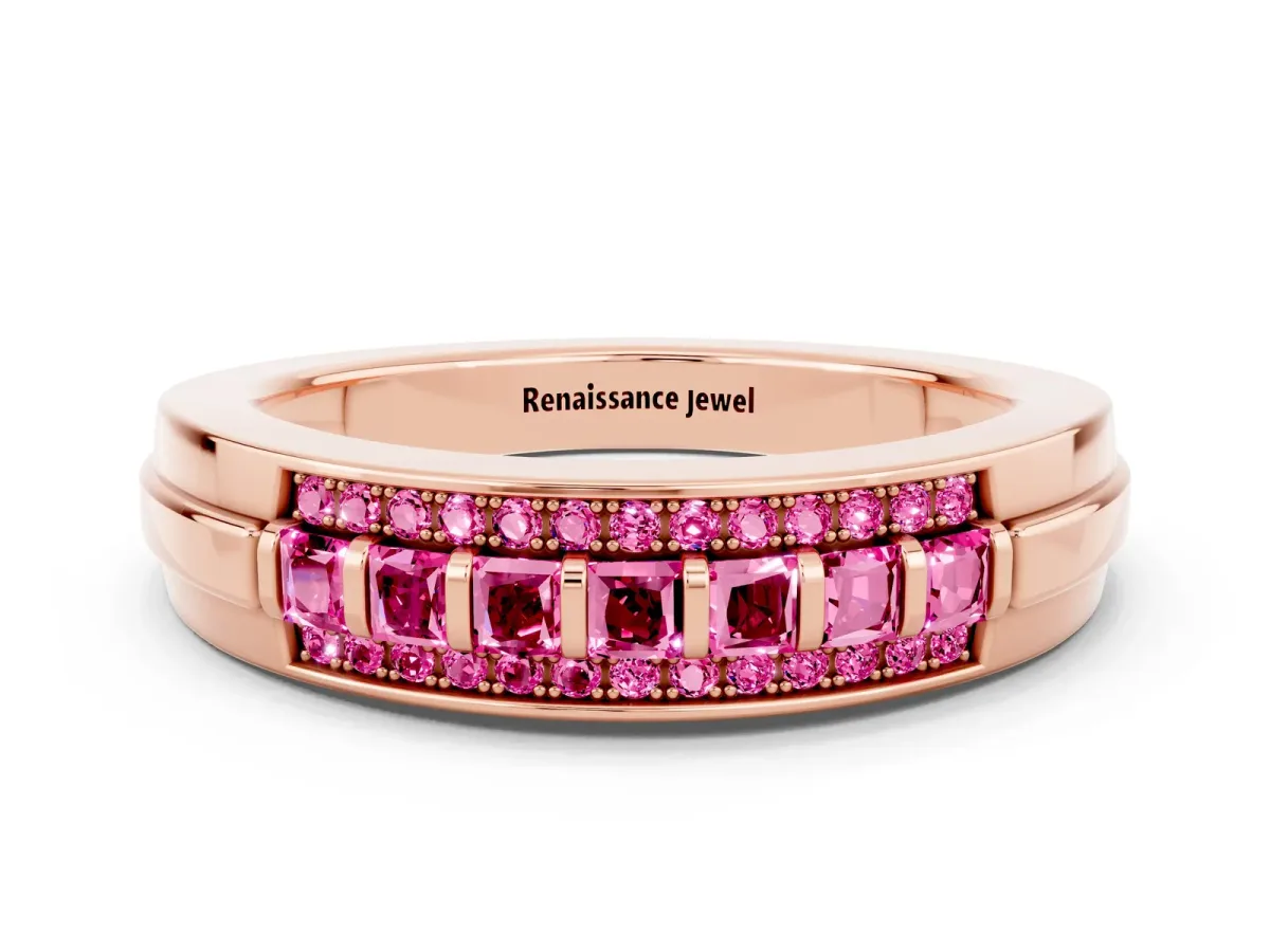 Bar-Set Princess Cut Pink Sapphire Pavé Band Rose gold