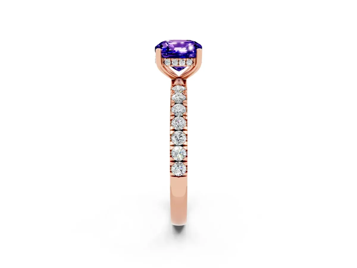 Cushion Cut Tanzanite Pave Band Solitaire Ring with Round and Prong Setting Rose gold