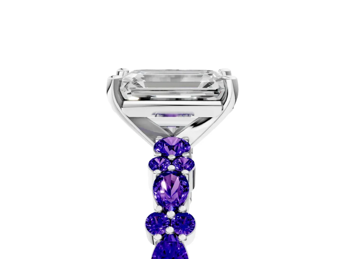 Emerald Cut Diamond Side Stone Solitaire Ring with Round Tanzanite and Four-Prong Setting White gold