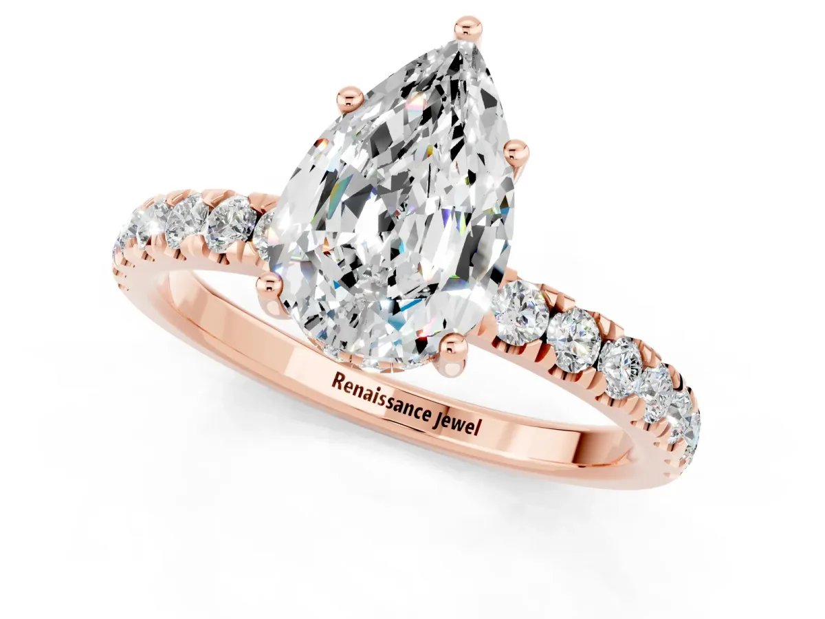 Pear Cut Moissanite Pave Band Solitaire Ring with Round and Prong Setting Rose gold