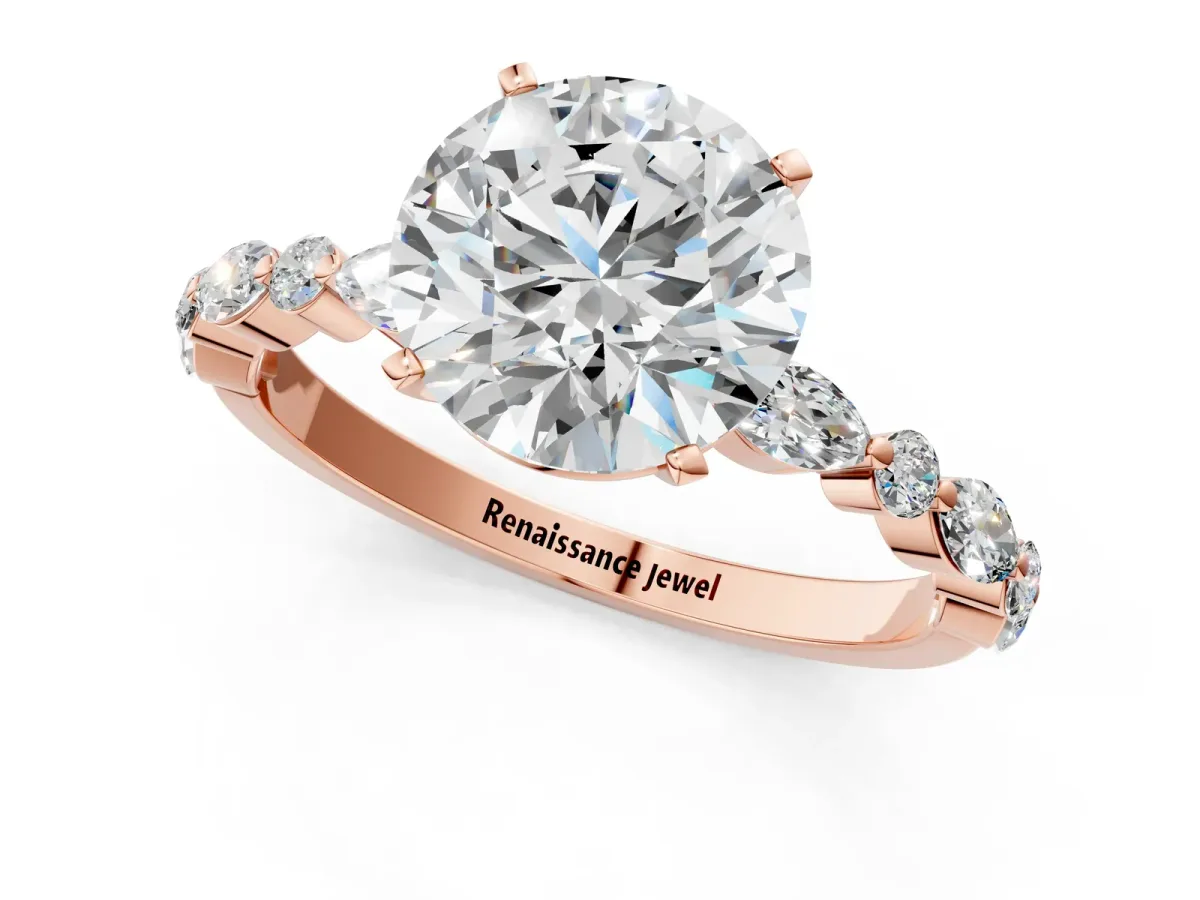 Round Cut Diamond Ring with Marquise and Round Side Stones and Four-Prong Setting Rose gold
