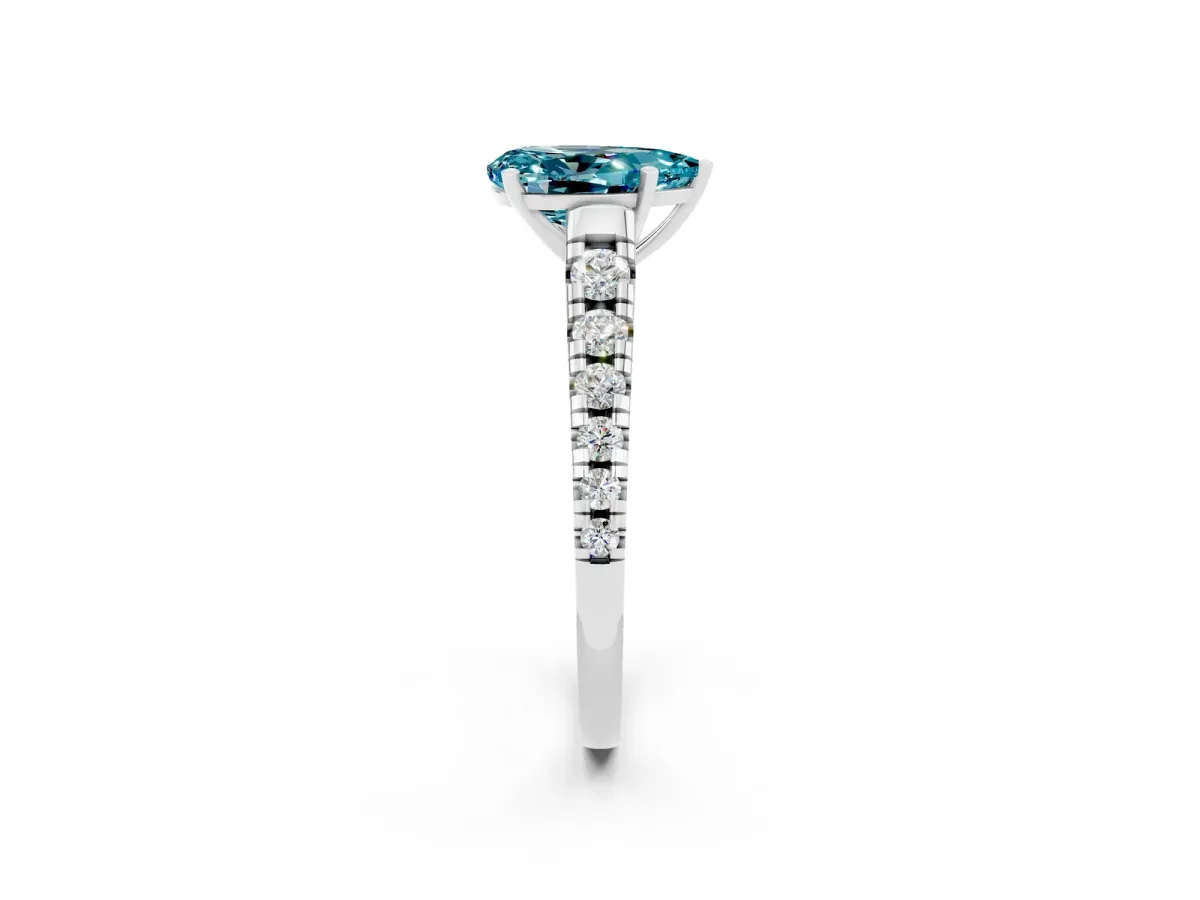 Pear Cut Blue Topaz Cathedral Solitaire Ring with Round Pavé Band Platinum
