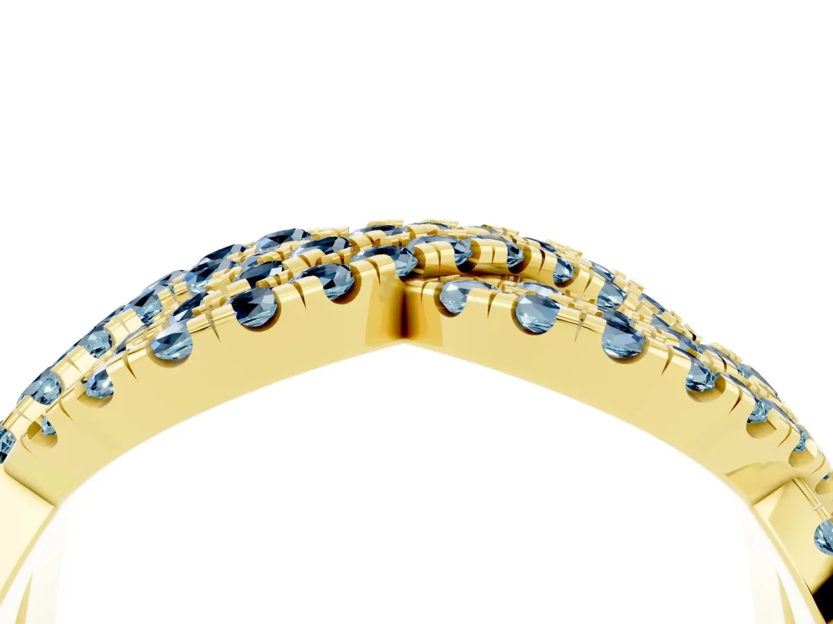 Pavé Round Aquamarine Infinity Twist Band with Shared Prong Setting Yellow gold