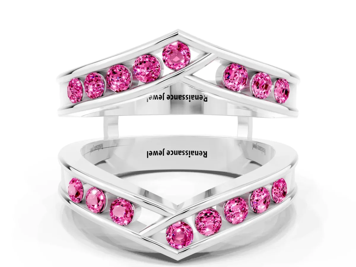 Round Pink Sapphire Channel-Set Chevron Band Platinum