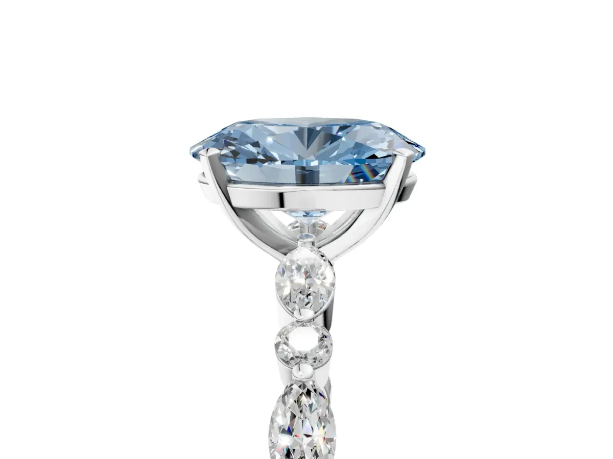 Fancy Blue Oval Cut Diamond Ring with Marquise and Round Side Stones and Four-Prong Setting Platinum