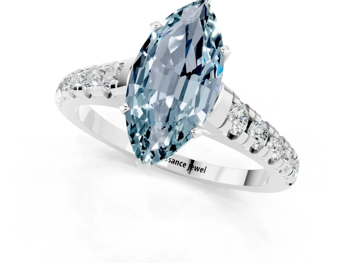 Marquise Cut Aquamarine Cathedral Solitaire Ring with Round Pavé Band Silver