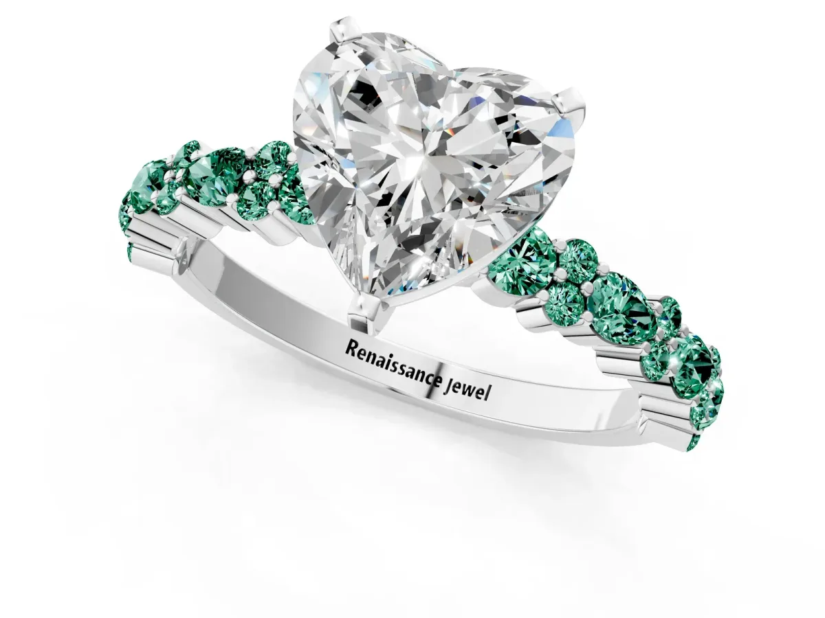 Heart Cut Diamond Side Stone Solitaire Ring with Round Green Sapphire and Four-Prong Setting Platinum