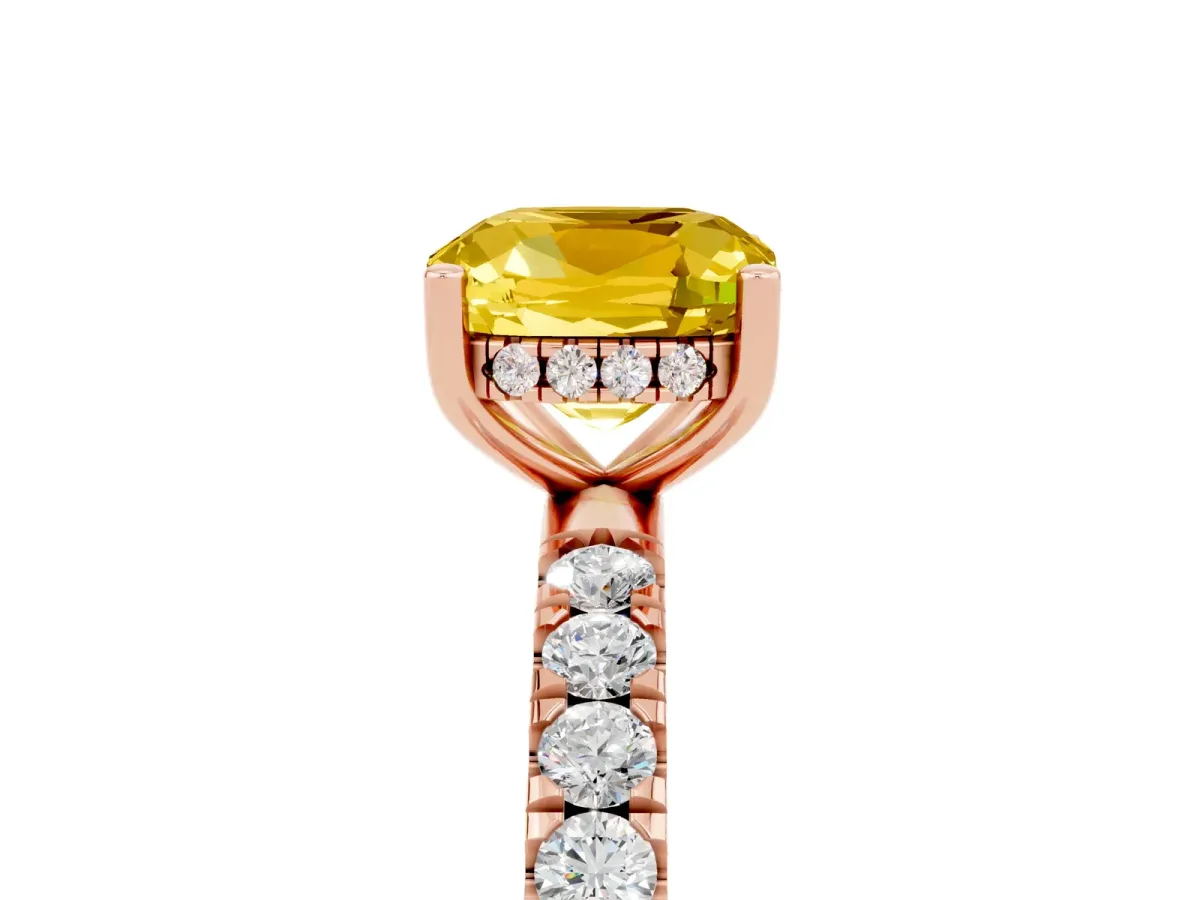Cushion Cut Yellow Sapphire Pave Band Solitaire Ring with Round and Prong Setting Rose gold