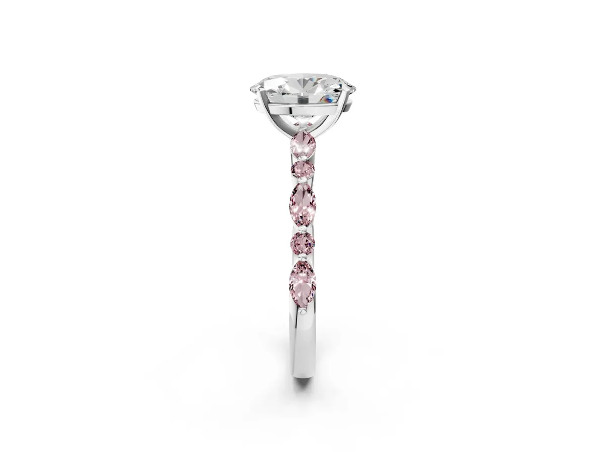 Oval Cut Diamond Ring with Marquise and Round Morganite Side Stones and Four-Prong Setting Silver