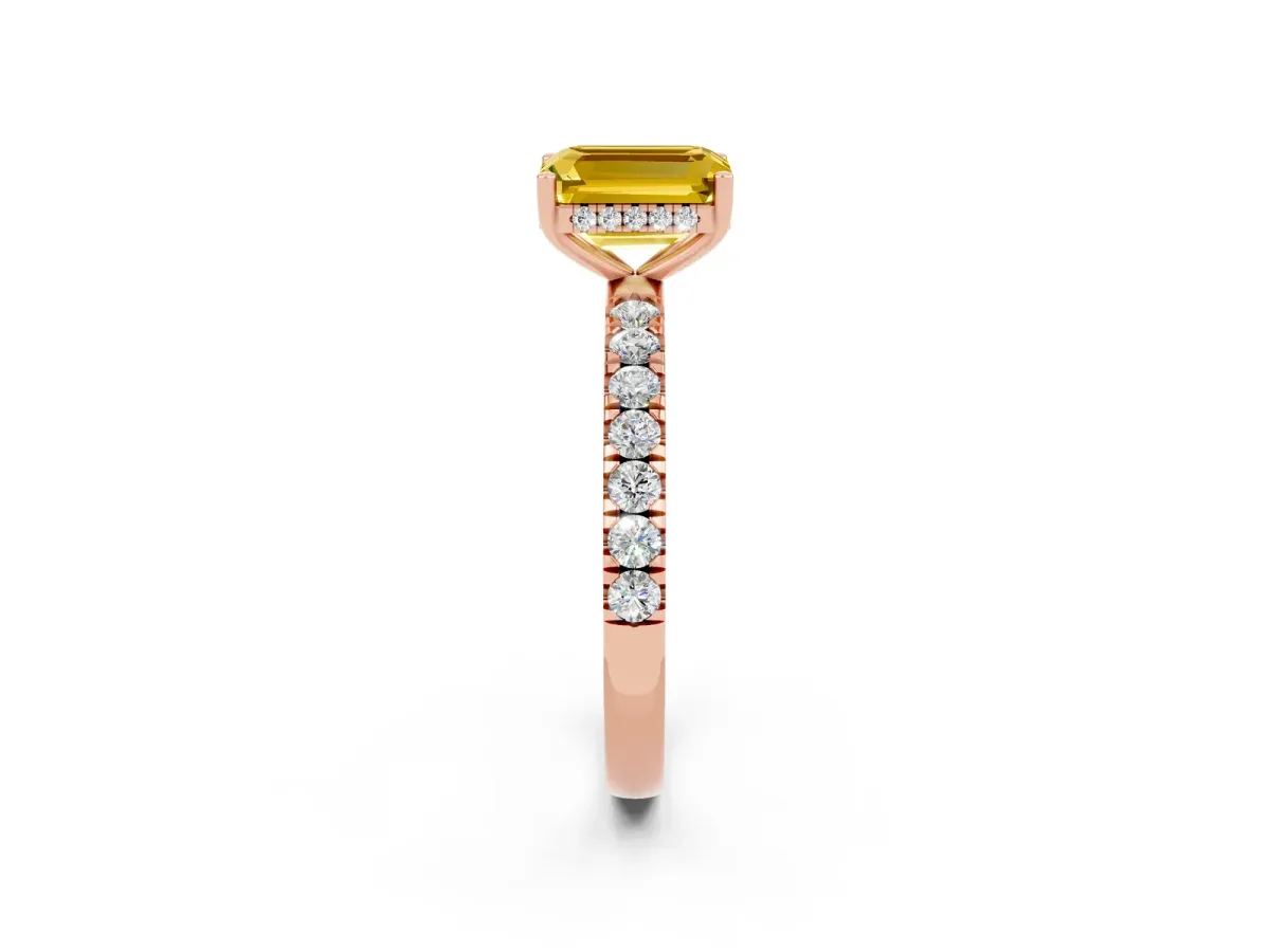Emerald Cut Yellow Sapphire Pave Band Solitaire Ring with Round and Prong Setting Rose gold