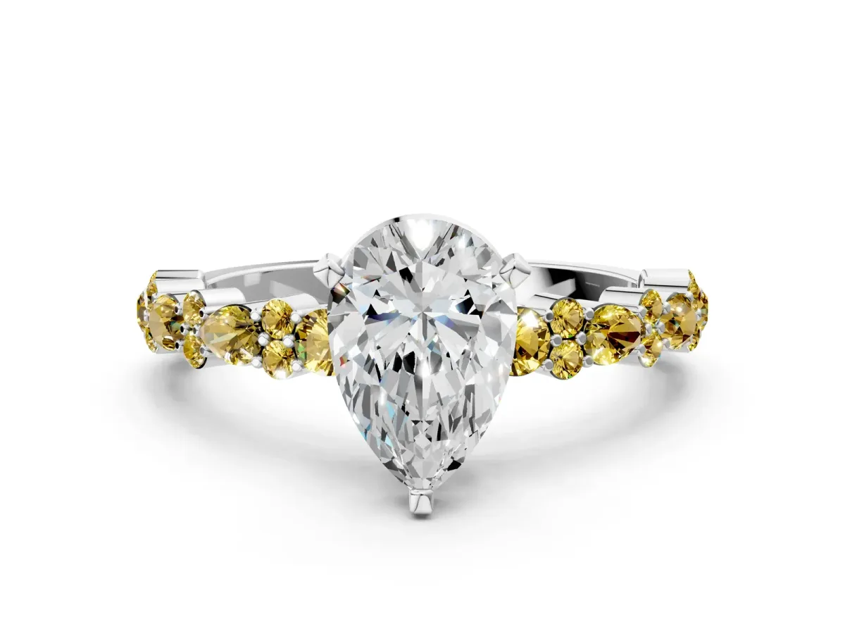 Pear Cut Diamond Side Stone Solitaire Ring with Round Yellow Sapphire and Four-Prong Setting Platinum