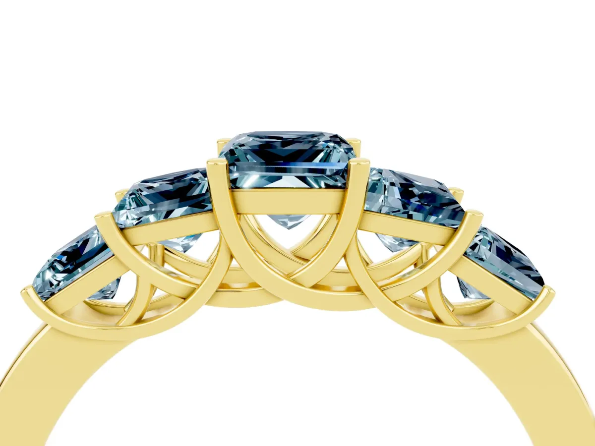 Princess Cut Five-Stone Aquamarine Ring with Classic Prong Setting Yellow gold