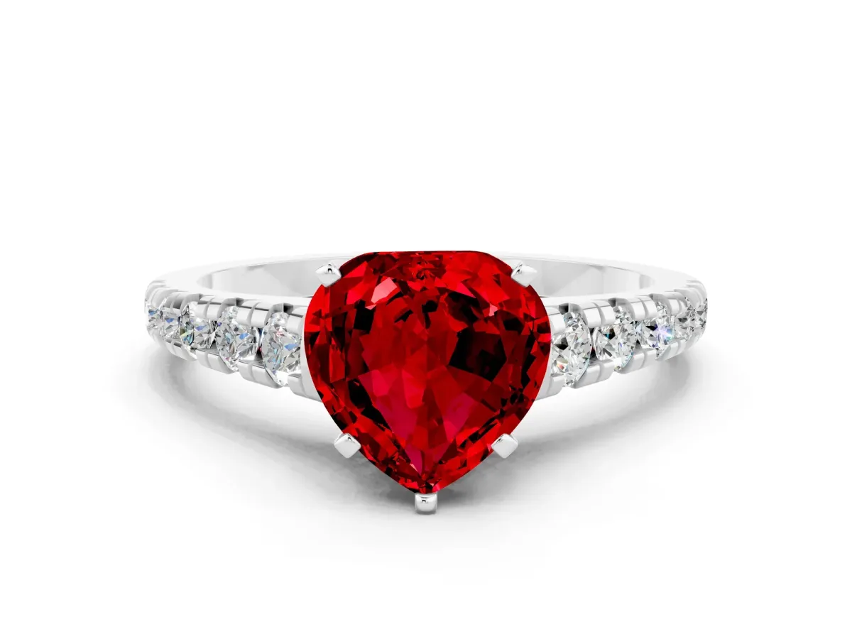 Heart Cut Ruby Cathedral Solitaire Ring with Round Pavé Band Silver