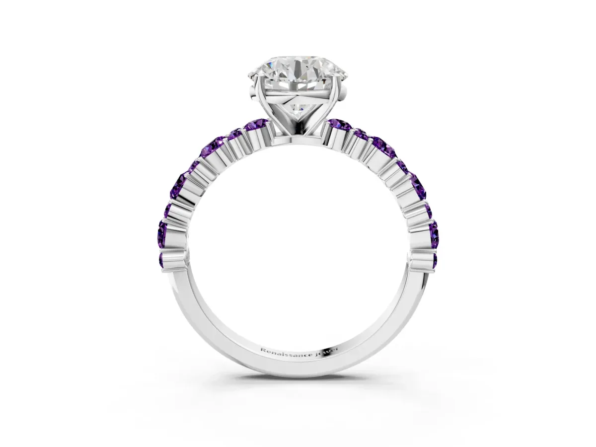 Round Cut Diamond Side Stone Solitaire Ring with Round Amethyst and Four-Prong Setting Silver