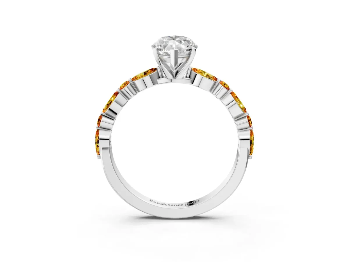 Marquise Cut Diamond Ring with Marquise and Round Citrine Side Stones and Four-Prong Setting Silver