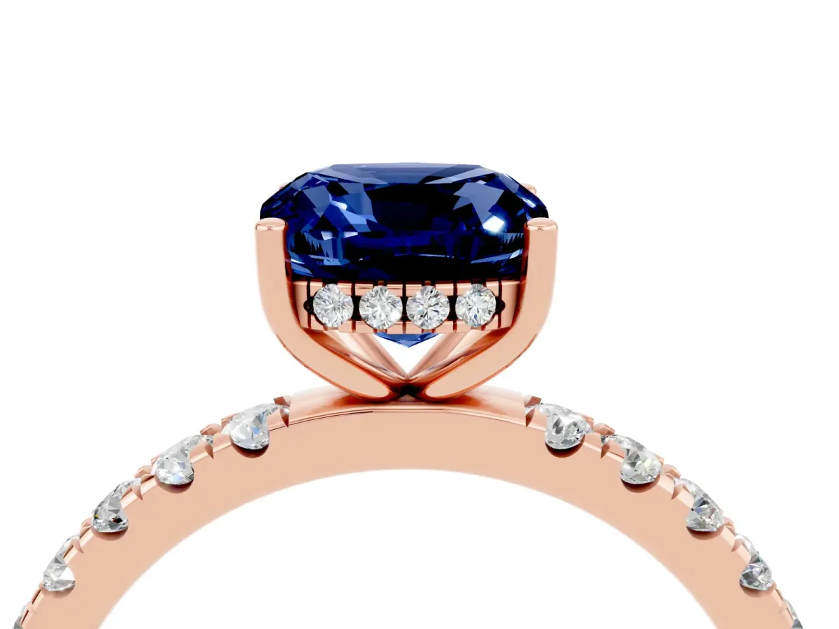 Cushion Cut Blue Sapphire Pave Band Solitaire Ring with Round and Prong Setting Rose gold