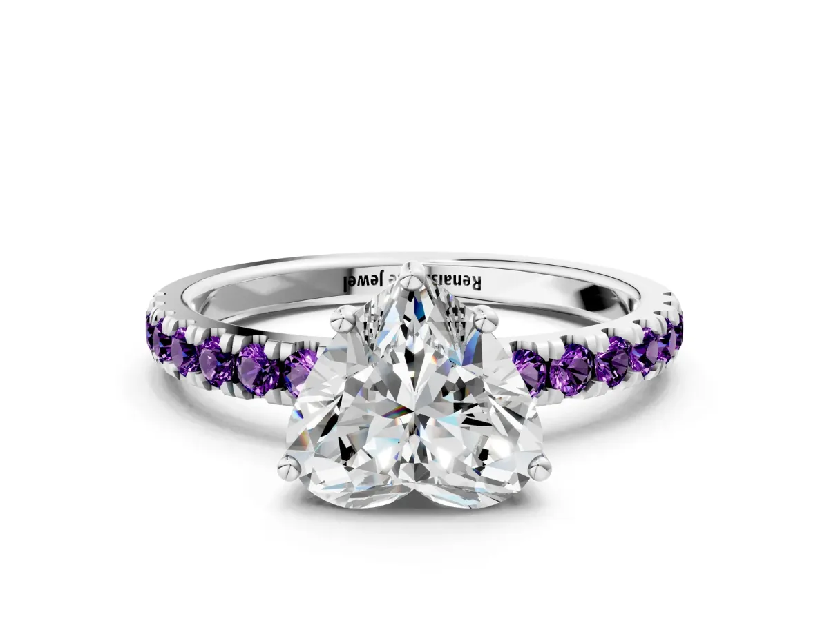 Heart Cut Diamond Pave Band Solitaire Ring with Round Amethyst and Prong Setting Platinum
