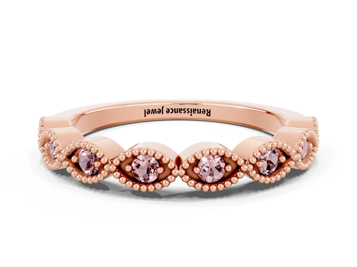 Milgrain Marquise Morganite Half Eternity Band with Bezel Setting Rose gold