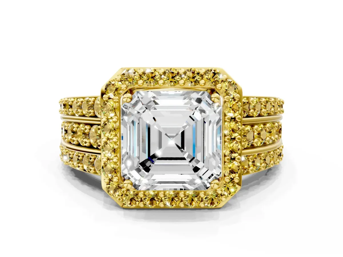 Asscher Cut Halo Diamond Ring with Round Yellow Sapphire Split Shank and Prong Setting Yellow gold