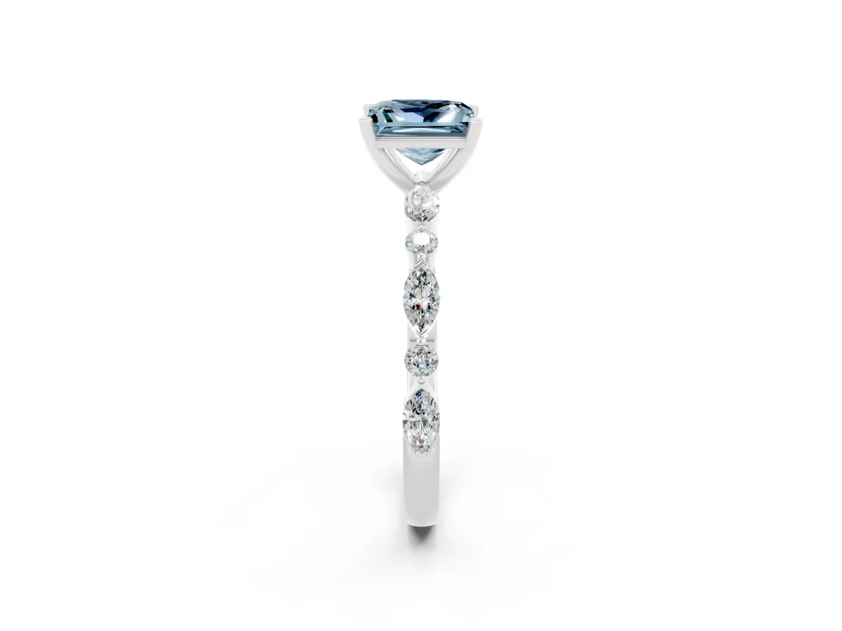 Princess Cut Aquamarine Ring with Marquise and Round Side Stones and Four-Prong Setting Silver