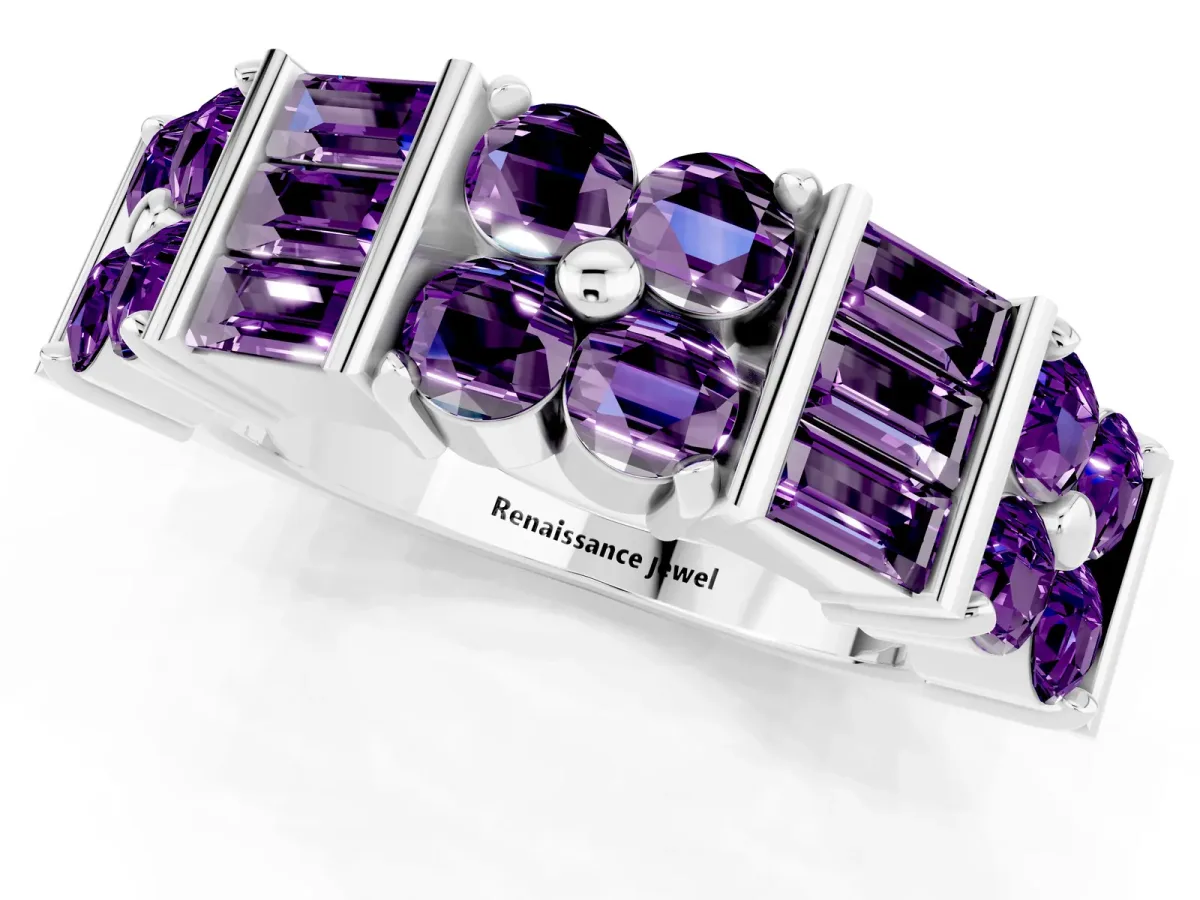 Channel Set Round and Baguette Amethyst Anniversary Band with Prong Setting Platinum