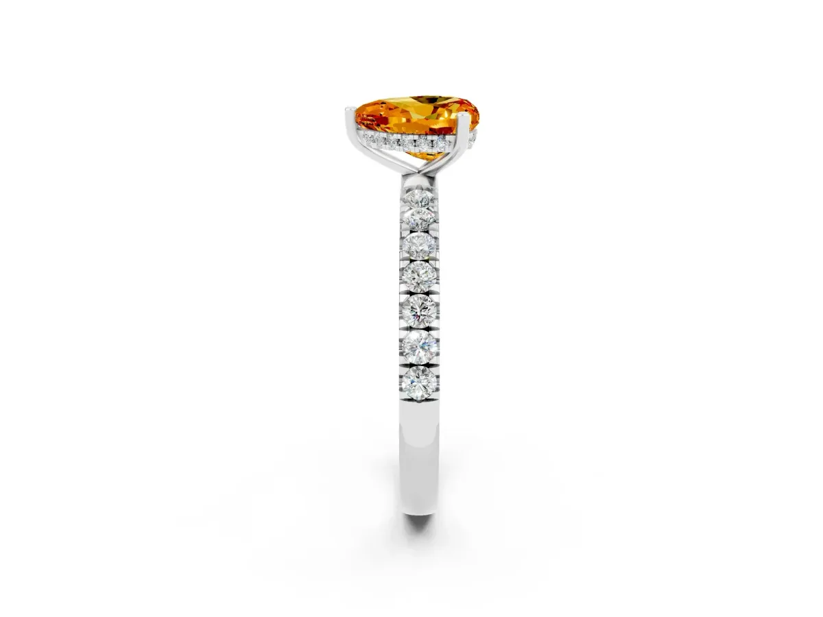 Heart Cut Citrine Pave Band Solitaire Ring with Round and Prong Setting Platinum