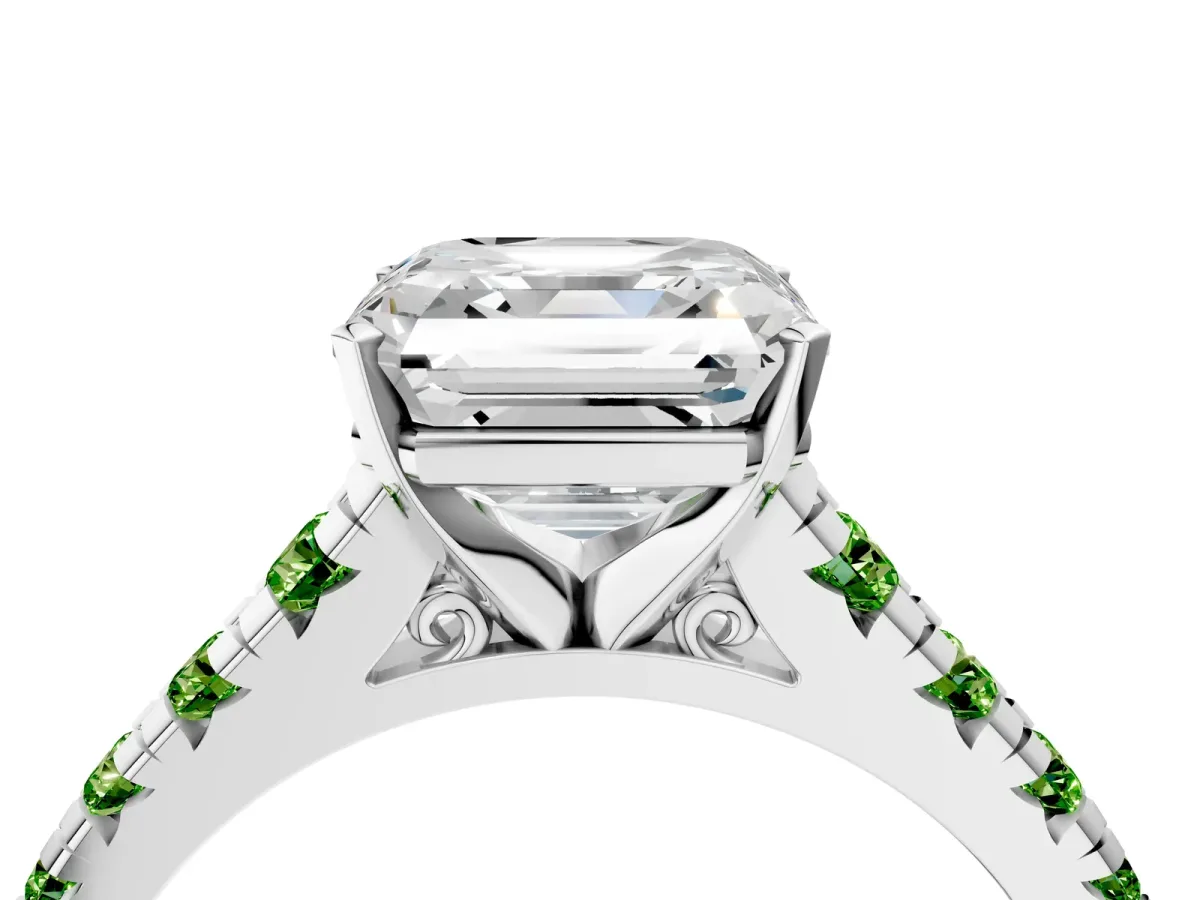 Asscher Cut Diamond Cathedral Solitaire Ring with Round Peridot Pavé Band Platinum