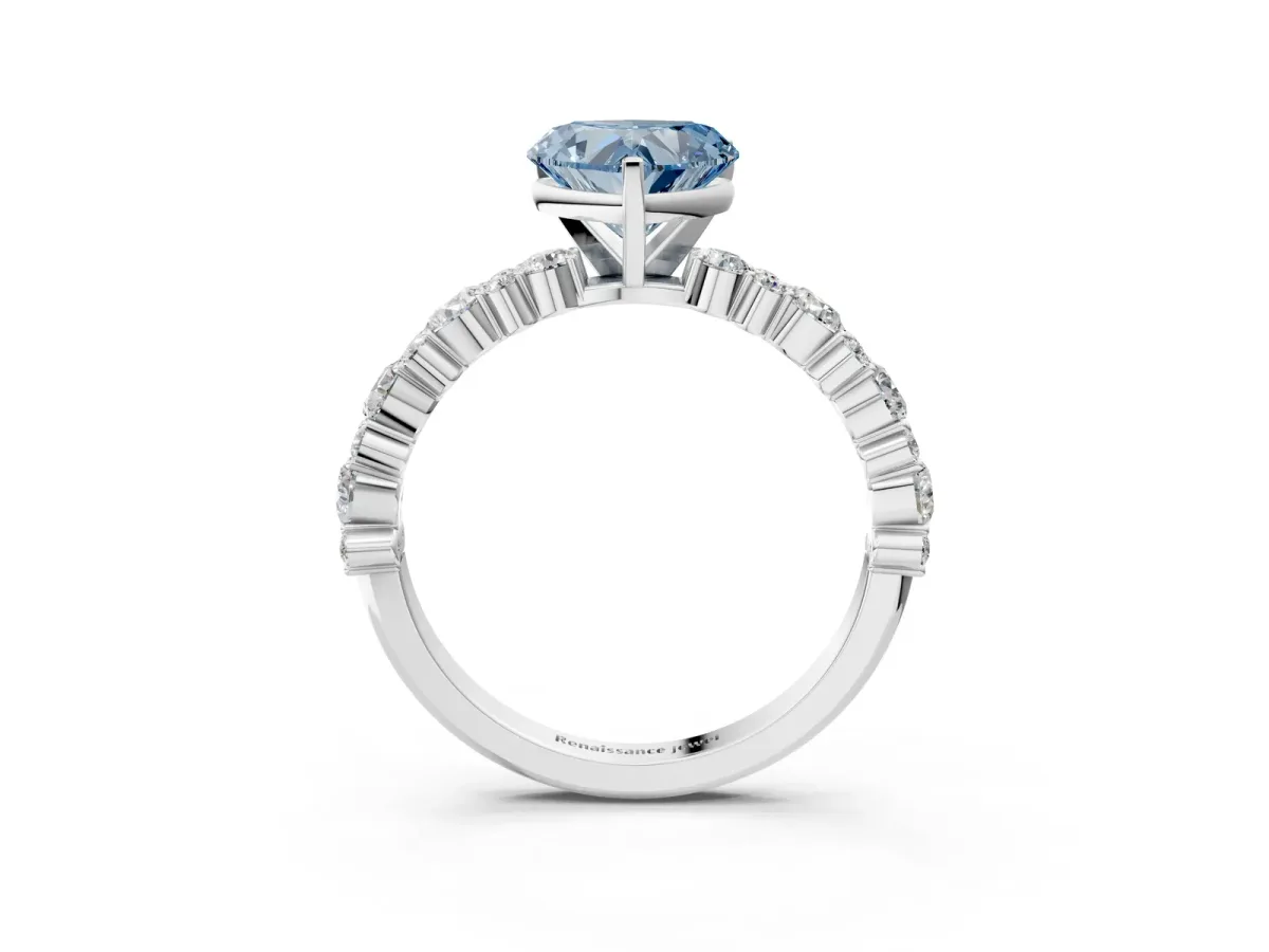 Fancy Blue Heart Cut Diamond Side Stone Solitaire Ring with Round and Four-Prong Setting Platinum